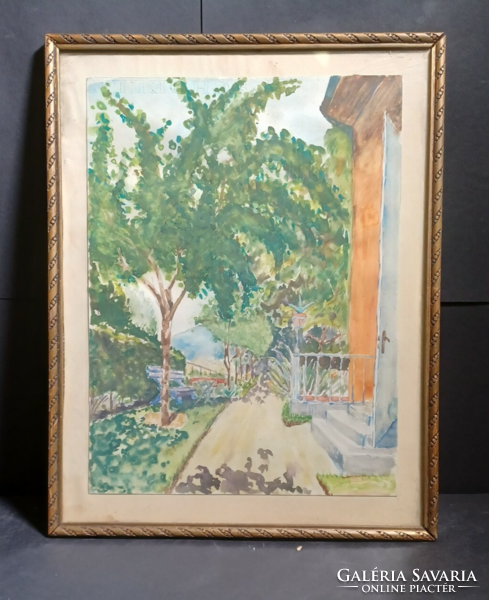 A nyaralónál (akvarell, 38×30 cm) derűs nyári kép, nyaraló - "Schoelle" vízjel a papíron