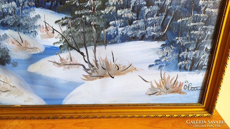 (K) Szép téli tájkép festmény jelzéssel 61x69 cm kerettel