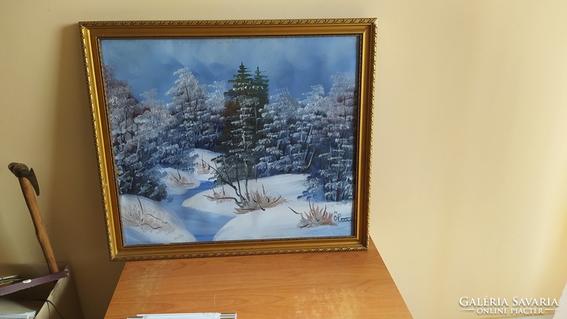 (K) beautiful winter landscape painting with mark 61x69 cm frame