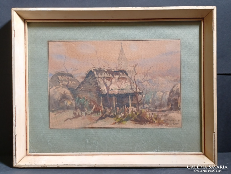 Gyula Gyula: cottage at the end of the village (29x37 cm) watercolor - 1955