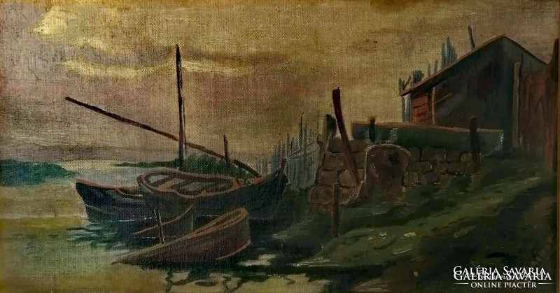 Boats. Marked antique oil painting.