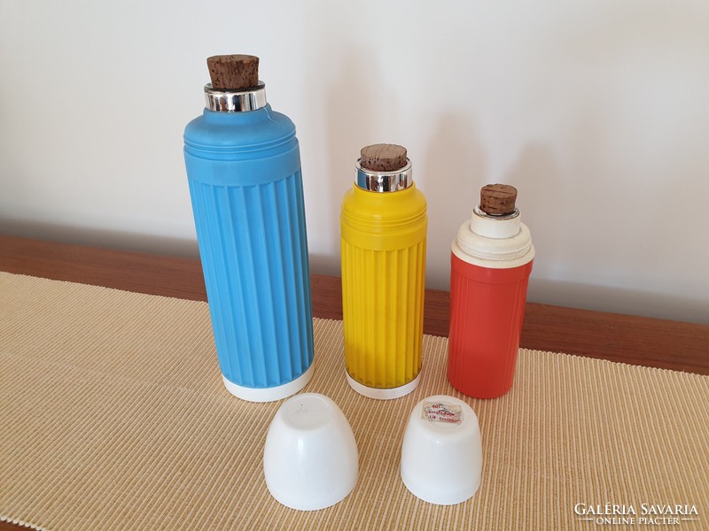 Old retro 3 pcs drinking thermos with glass insert, colorful plastic thermos bottle