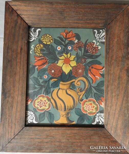Glass painting in a thick wooden frame - flower still life