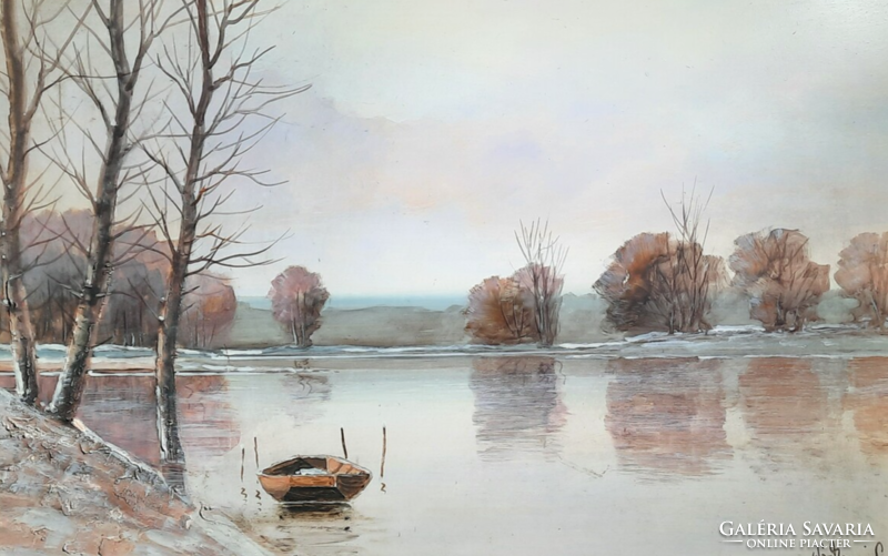 Gyula Wárkonyi: the lonely boat (oil, wood, with frame 67x90 cm) winter landscape with lake - Gyula Várkonyi