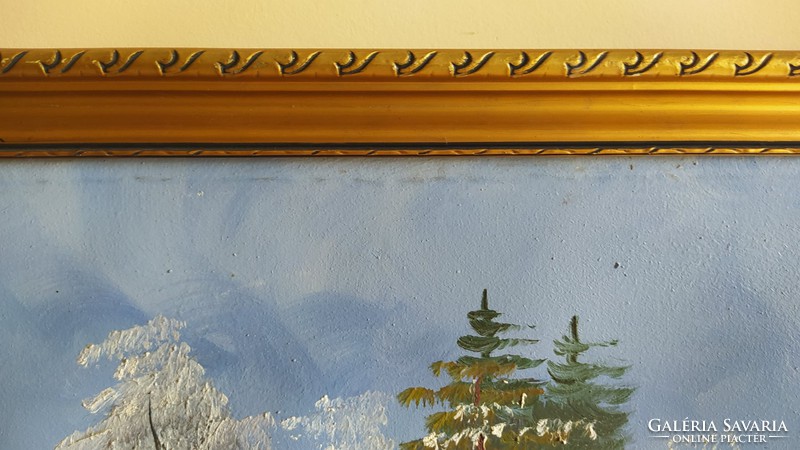(K) Szép téli tájkép festmény jelzéssel 61x69 cm kerettel