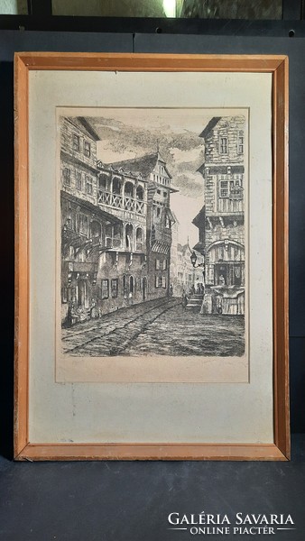 Medieval street scene (etching, with frame 62x42 cm) numbered - unidentified mark