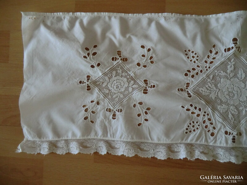 Antique exceptionally beautiful large size shelf edge lace insert and sling 28 wide and 80 cm long