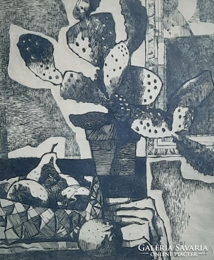 TÚRY MÁRIA: Kaktuszos csendélet (rézkarc 28x24 cm) modern - Szőnyi-tanítvány, Kádár György felesége