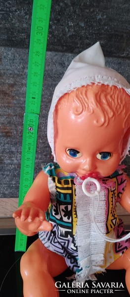 Antik ritka 36 cm becsukódó szemű hibátlan, hiánytalan celluloid baba eredeti ruhájában