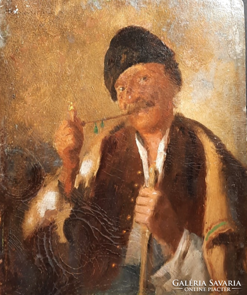 Horváth g. Andor: pipe-smoking peasant (oil, cardboard, 26x22 cm) folk costume, student of Károly Lotz