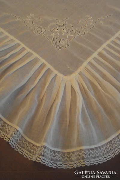 Breathtakingly delicate antique tablecloth made of organdy, with azure corner decorations, netted lace medallion in the middle.