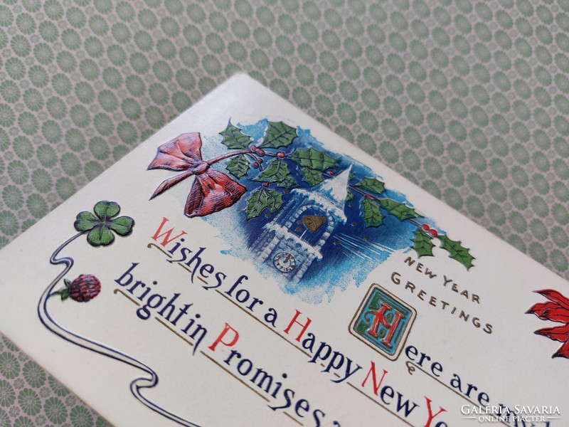 Régi újévi képeslap dombornyomott levelezőlap templom lóhere magyalág mikulásvirág