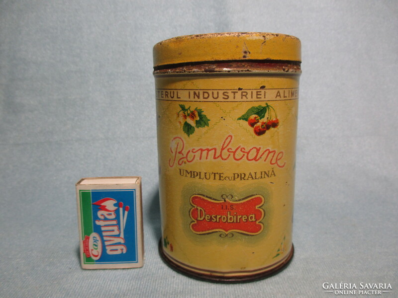 Old candy metal box, spice holder, storage with fruit pattern