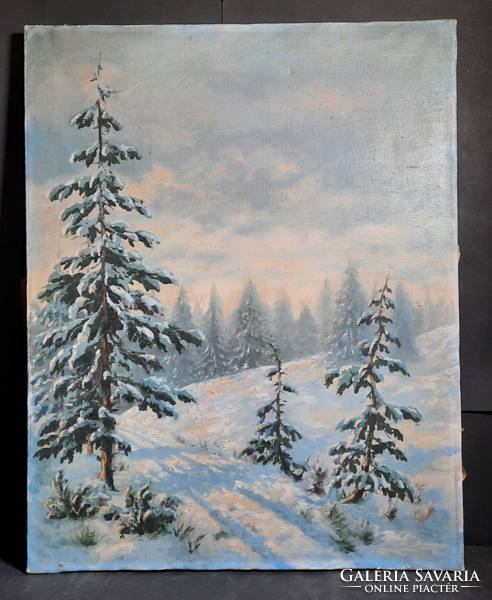 Téli fák (olaj, vászon, 62x50 cm) napsütötte havas táj