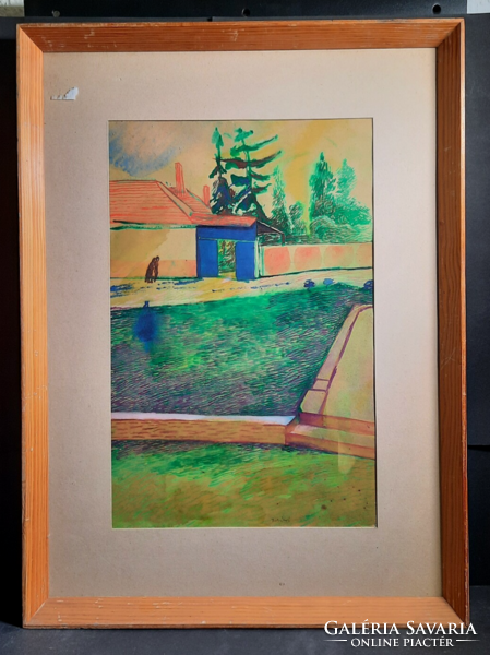 Bikácsi Daniela (1943-) : Utcakép (akvarell) méret kerettel 65x48 cm - kortárs festőnő, modern