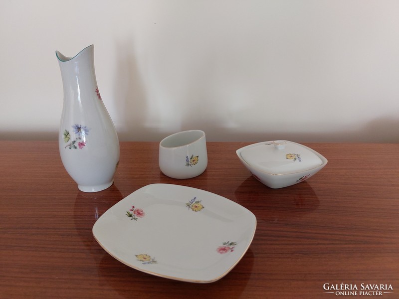 Régi Hollóházi porcelán virágos asztali szett 4 db váza tál cigitartó bonbonier mid century