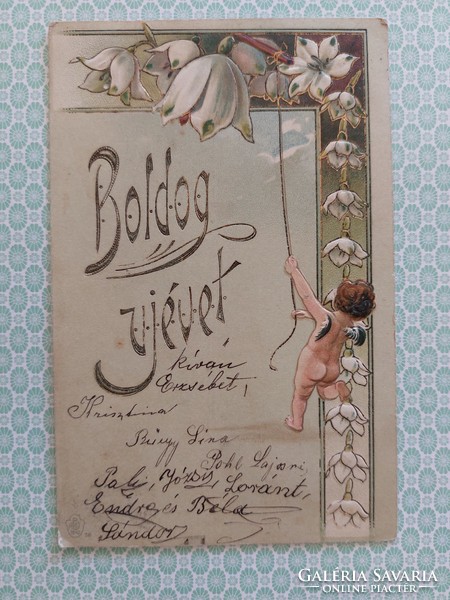 Régi újévi képeslap 1901 dombornyomott levelezőlap angyal hóvirág