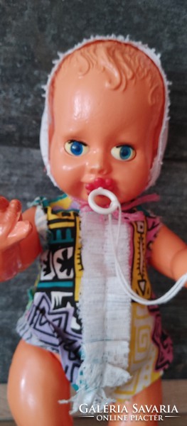 Antik ritka 36 cm becsukódó szemű hibátlan, hiánytalan celluloid baba eredeti ruhájában