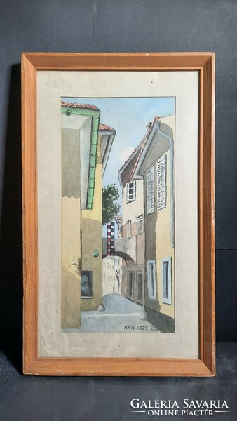 Krk-i utcakép, akvarell "Rácz" jelzéssel, 1975 (kerettel 49x29 cm) Krk sziget, Horvátország