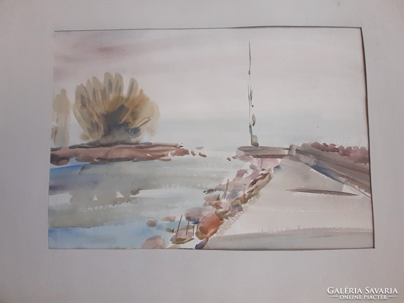 Mostari bridge and waterfront pier, double-sided watercolor