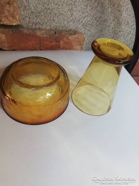 Amber colored old glass cup+bowl