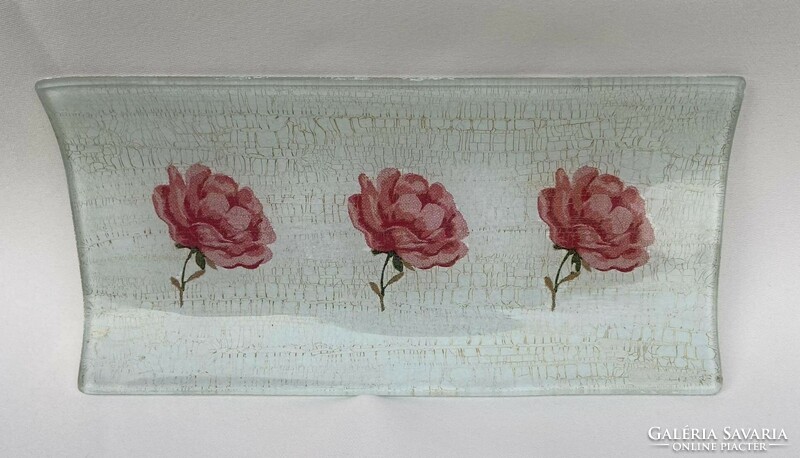 Apró rózsaszín rózsás decoupage hosszúkás üvegtálka
