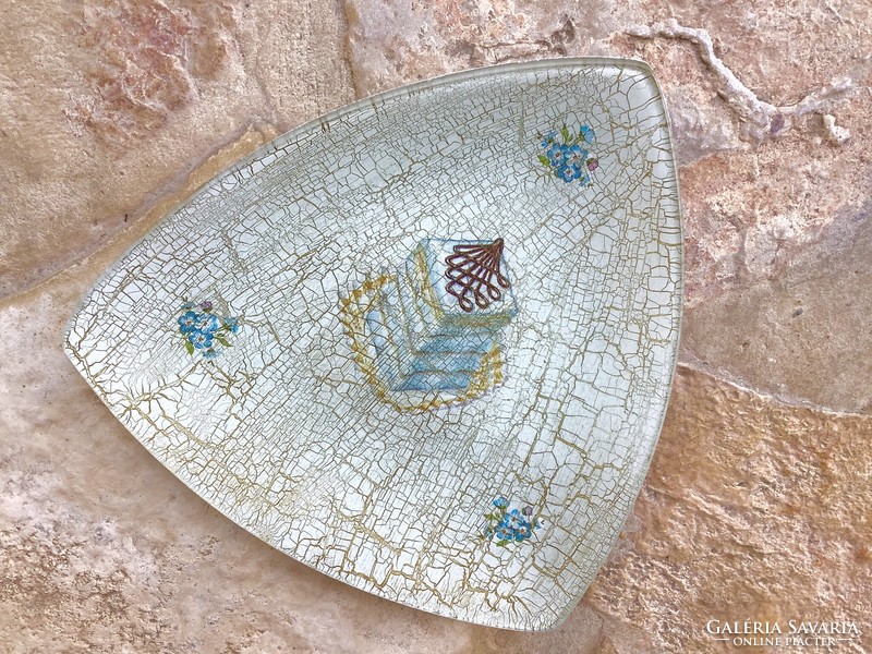 Triangular curved decoupage glass bowl mignon forget-me-not pattern antique