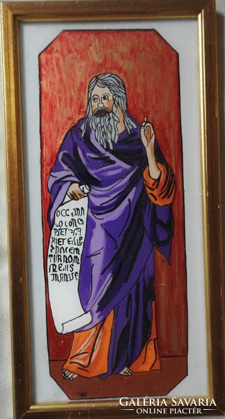 Moses with the Ten Commandments - labeled glass painting