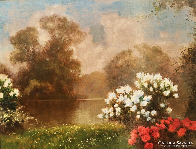 Huge 125x100cm lakeside detail painting by Ferenc Olgyay (1872 - 1939) with original guarantee!