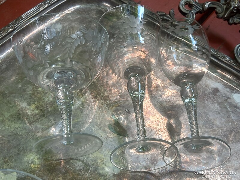 3x6 db  art deco pezsgős, boros, likörős talpas üvegpohár készlet magyar hotel vendéglátásból