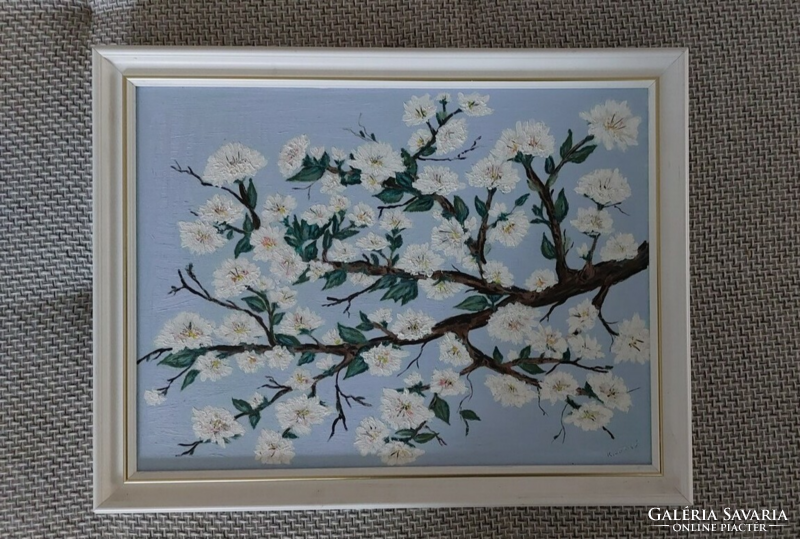 (K) a beautiful painting of a blooming tree branch with a 45x35 cm frame, painted on canvas lined with cardboard.
