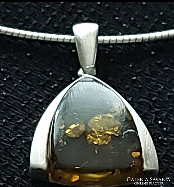 Silver (925) jewelry, necklace with a rare green amber stone pendant, elegant, decorative