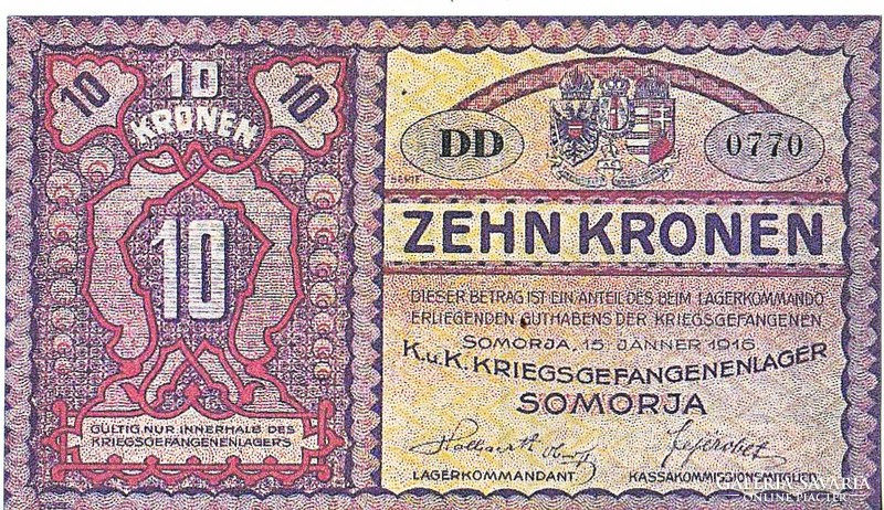 Magyarország REPLIKA 10 korona SOMORJA-i hadifogolytábor 1916 UNC