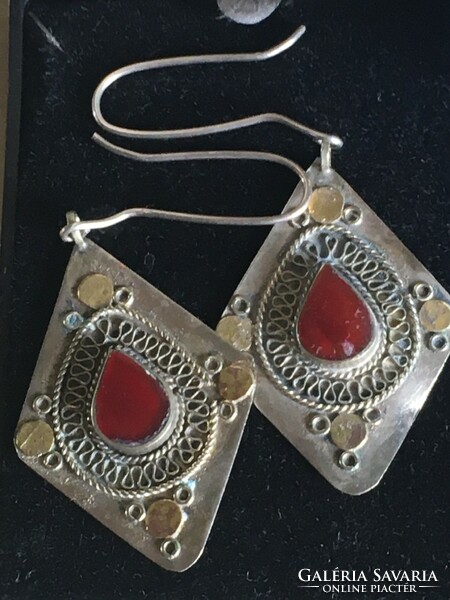 Turkmen ethnic old handmade earrings. Silver, with glass paste