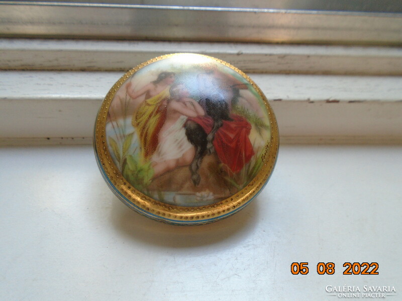 Pan with two nymphs, hand-painted Altwien jewelry box lid, lid only, with Forster signature