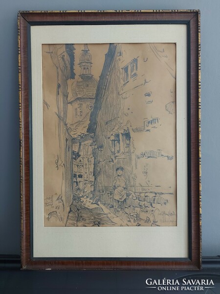 Signed pencil drawing - street section 108