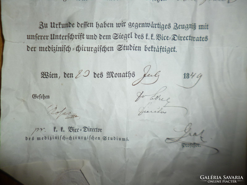 Antik orvosi akadémikus vizsga oklevél  papír 1849 Bécs