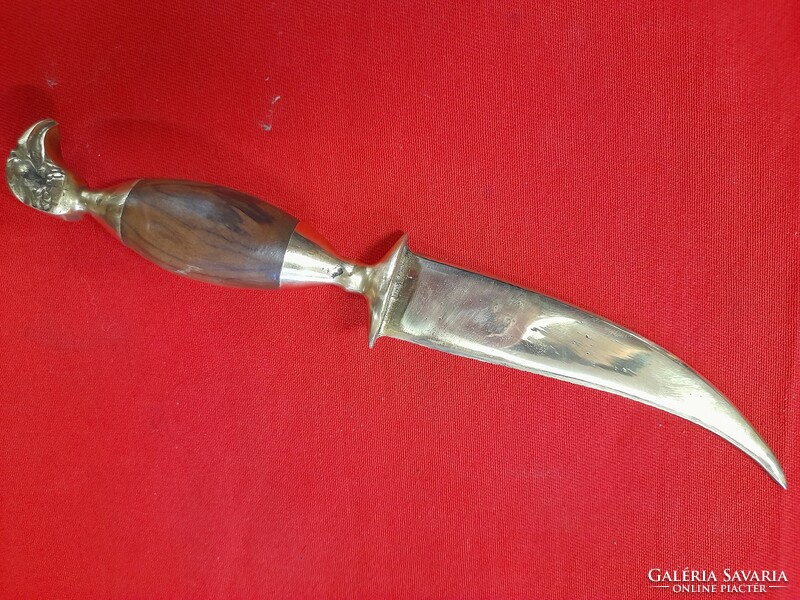 Bronze, copper eagle-headed dagger with wooden inlay, engraved sheath, knife.