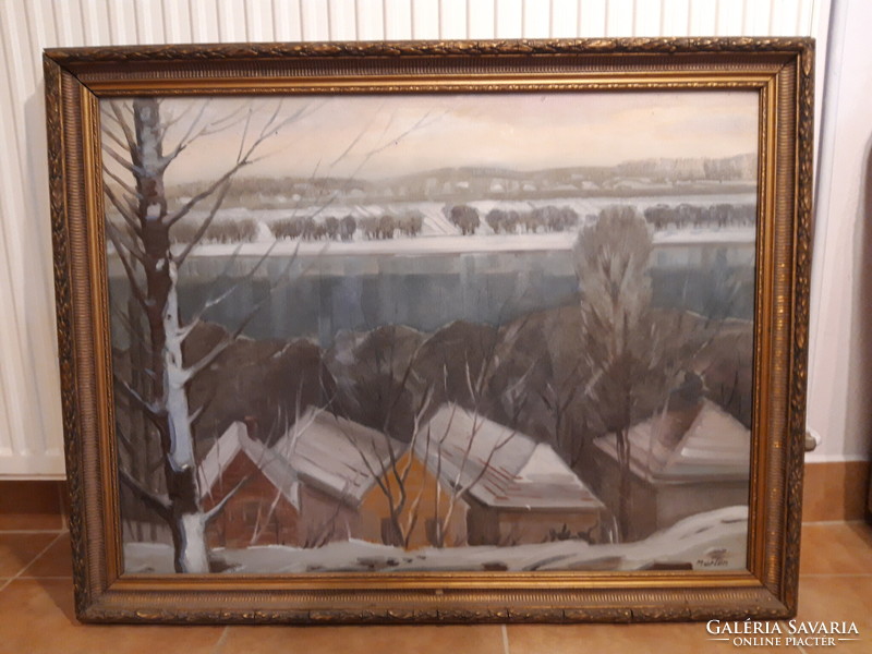 Winter river - oil painting signed, marked