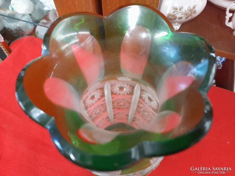 Antique Biedermeier carved green glass vase with flower pattern. 23 cm.