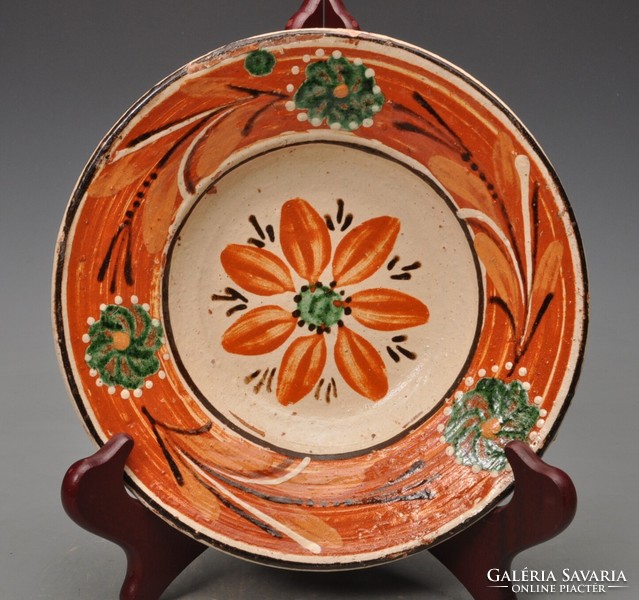 Old earthenware plate, Transylvanian customs village, 21cm, earthenware with hook.