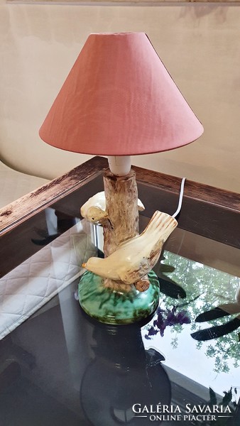 Old, bird, glazed ceramic table lamp, fitted, with umbrella, complete. (7.)