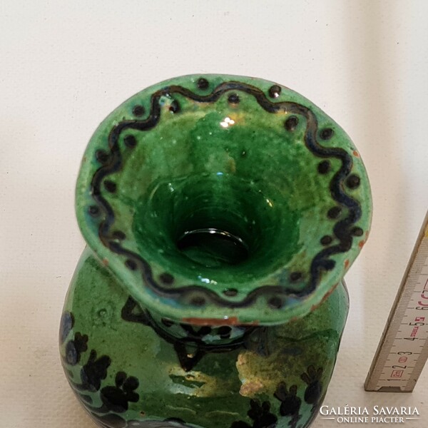 Hódmezővásárhely folk ceramic vase with black flower pattern, green glaze, marked 