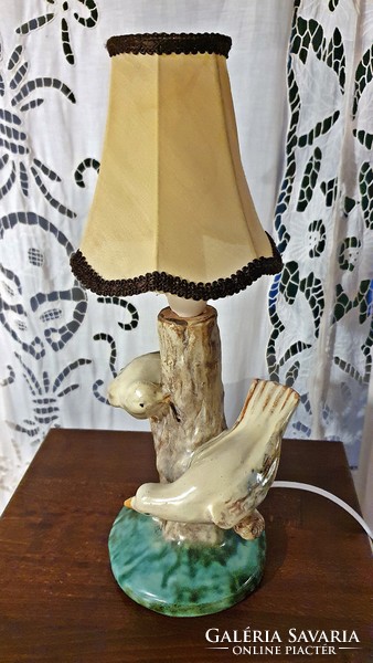 Old, bird, glazed ceramic table lamp, fitted, with umbrella, complete. (7.)