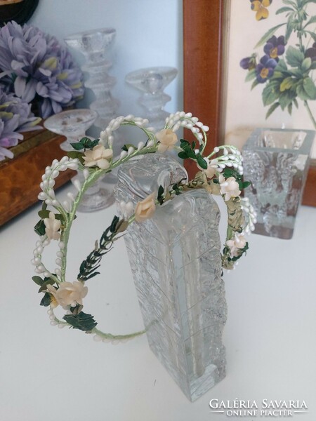 2 soros, csodaszép, régi menyasszonyi fejdísz viasz virágokkal, nagyon ritka