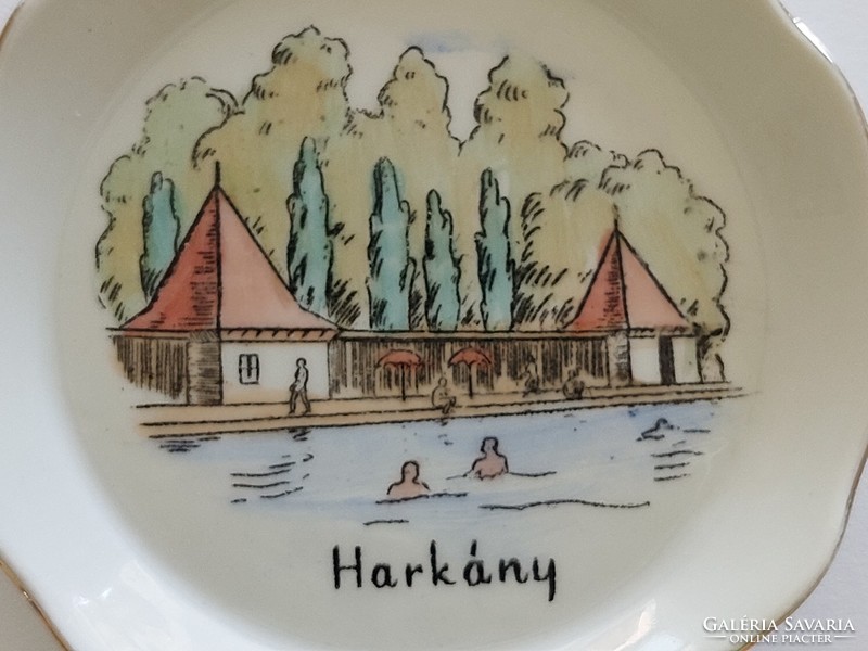 Old aquincum porcelain souvenir, mini plate with Harkány inscription, souvenir