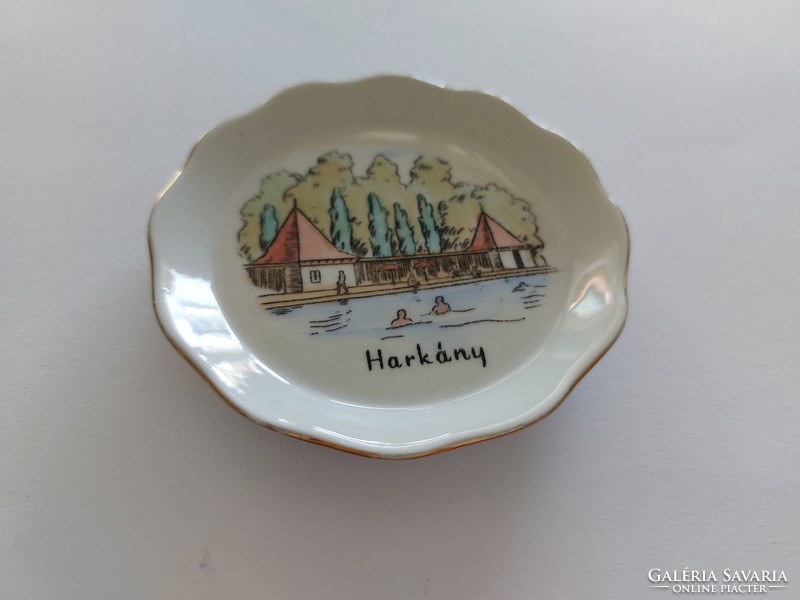 Old aquincum porcelain souvenir, mini plate with Harkány inscription, souvenir