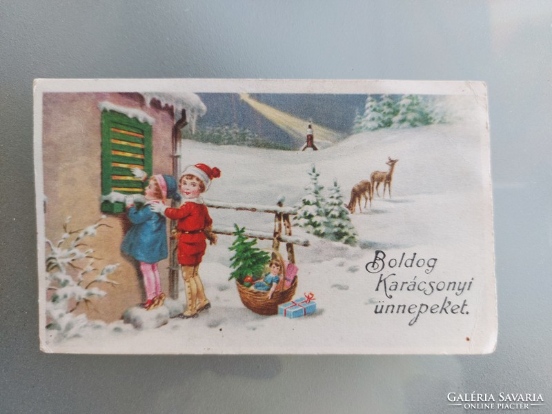 Régi karácsonyi képeslap mini levelezőlap üdvözlőkártya gyerekek őzikék