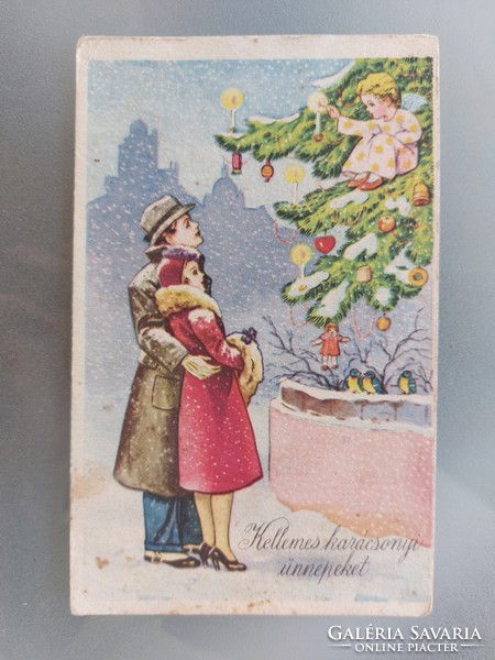Old Christmas postcard postcard little angel couple in love