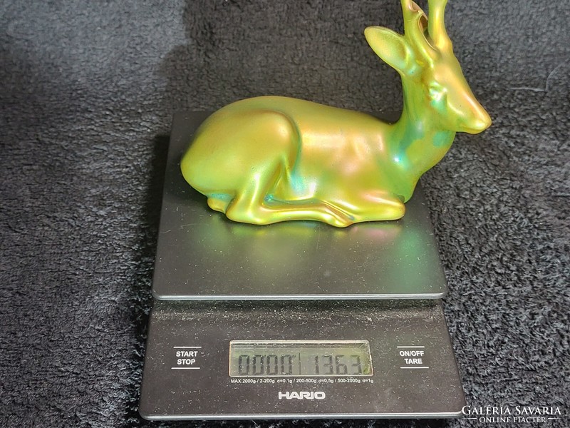 András Sinkó: reclining deer - Zsolnay eosin miniature plastic - also for collectors!